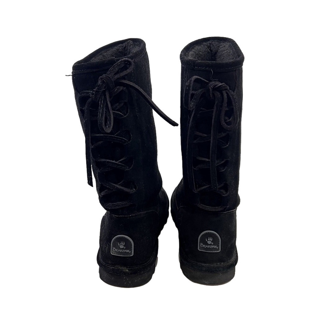 Bearpaw Boots Womens 9 Black Mid Calf Suede Faux Fur Trim Pull On Lace Up - Picture 1 of 10